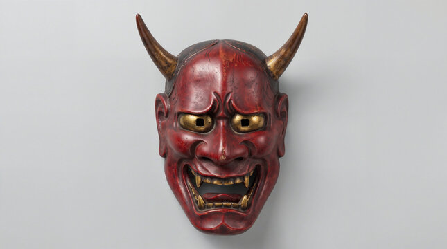 Full view photo of a traditional Japanese Noh Hannya demon mask. Features carved red wood, golden horns, metallic eyes, and fangs on a grey background.
