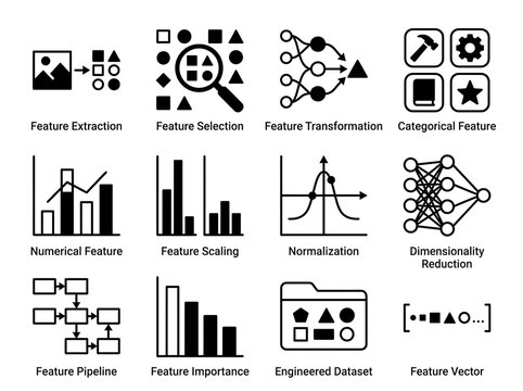 Feature engineering and machine learning data preprocessing icons set