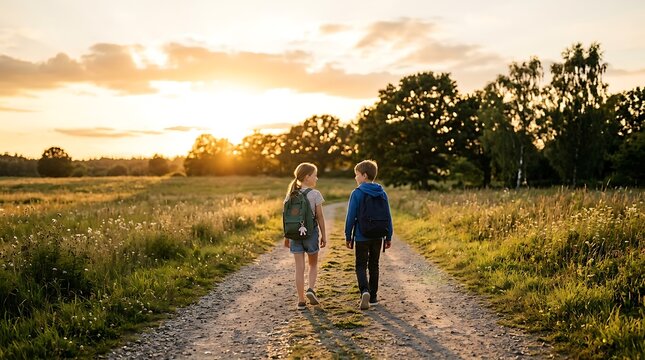 Two school children walking together on a dirt path at sunset