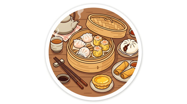 Traditional steamed dumplings and dim sum assortment on wooden table