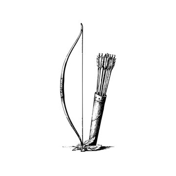 Traditional hunting bow and arrow set with quiver in a detailed black and white line art style