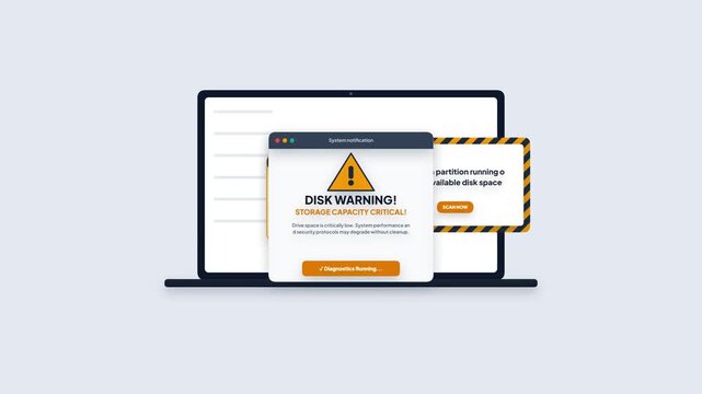 Disk Storage Warning Pop-up Window Flat Vector Animation for Computer System UI