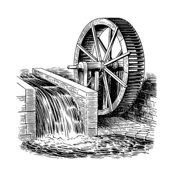 Vintage waterwheel illustration with flowing water and stone structure in black and white engraving style
