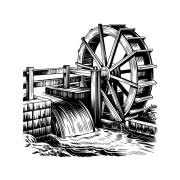Traditional wooden waterwheel mechanism with splashing water and stone wall in detailed line art style