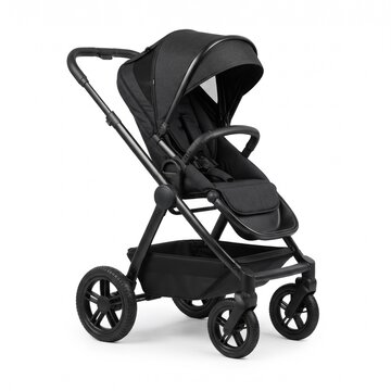 Modern black baby stroller, sleek urban infant pram with canopy, professional nursery gear for parenting and travel