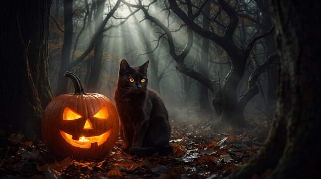 A glowing carved jack o lantern sits beside a black cat in a dark misty forest graveyard