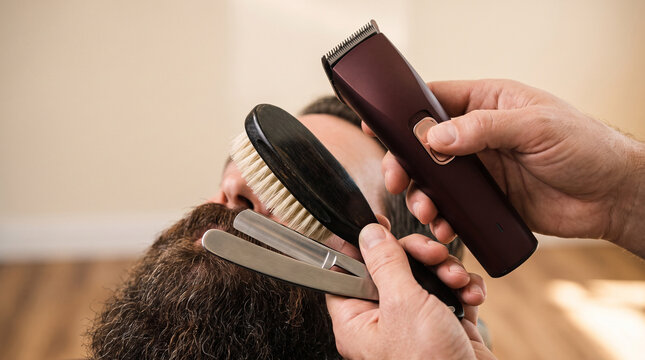 Hands holding beard shaping tools including comb and trimmer  