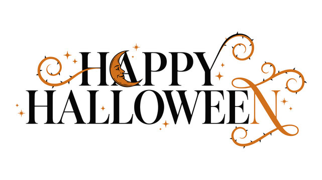 Vintage Celestial Happy Halloween Typography - Crescent Moon Face, Thorny Vine Flourishes, Sparkles, and Spooky Serif Lettering Vector