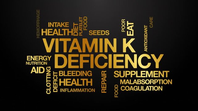 Vitamin K deficiency concept Animated Tag Word Cloud kinetic typography, Text Design Animation typography seamless loop video motion graphics Intro Wordart arrangement golden type on black background 