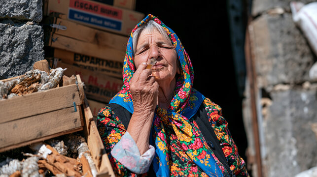 An elderly Turkish perfumer stands in harsh midday sunlight outside a stone distillery doorway, eyes closed as she lifts a glass vial to her nose, export crates stacked behind her suggesting trade a