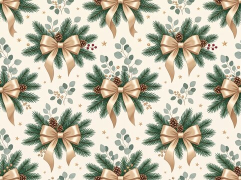 Festive floral ornament with pine branches and bows a repeating vector pattern
