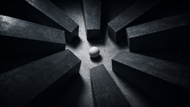 Abstract concept of pressure and isolation with a single sphere surrounded by massive blocks symbolizing stress, risk and strategic decisions