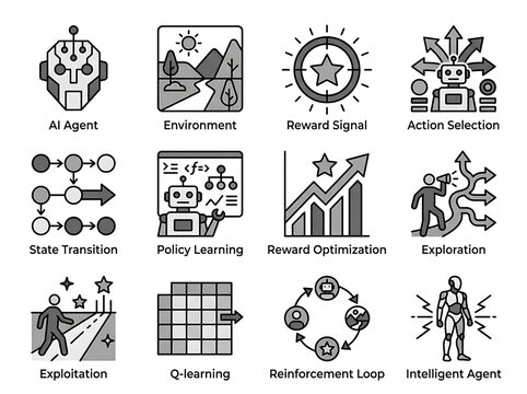 Artificial intelligence and reinforcement learning concept icons