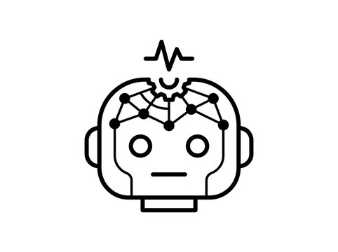 Robot head icon with brain circuits and lightning bolt symbol