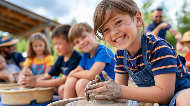 Children gathered around pottery wheels under dramatic overcast skies at an outdoor arts program, diverse group of kids shaping clay with instructor guiding technique, youth ceramics workshop creati