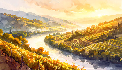 Fototapeta premium Watercolor landscape of terraced vineyards along river valley showing warm golden hour mood generative AI