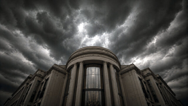 Grand neoclassical building beneath dramatic storm clouds symbolizing power, authority, uncertainty and institutional leadership