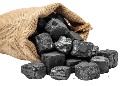 Chunks of coal spilling from a burlap sack on transparent background