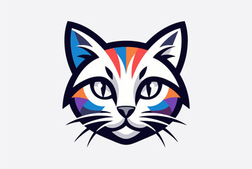 Obraz premium Stylized graphic illustration of an artistic cat face adorned with colorful geometric patterns and white fur details.