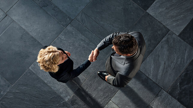 Top View of Business Professionals Shaking Hands to Celebrate Successful Partnership and Agreement