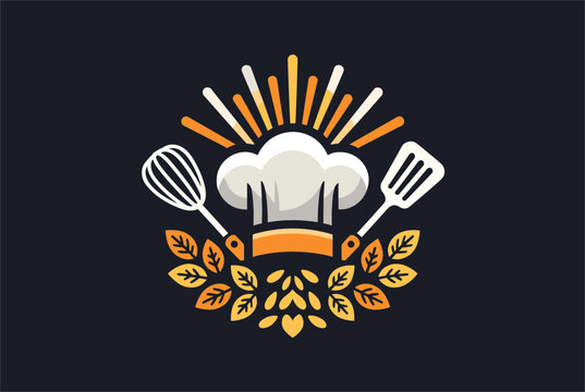 Professional kitchen logo design featuring a white chef hat, cooking tools, and wheat ears on a dark background.