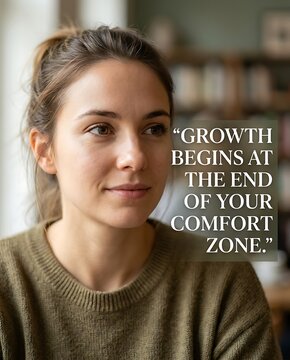 Thoughtful woman with motivational quote about personal growth