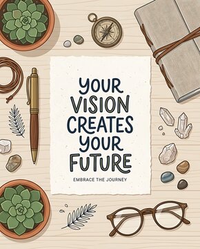 Motivational quote poster with succulents and travel accessories
