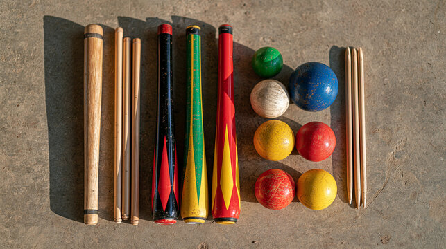 Juggler props including clubs pins and colored balls arranged in a symbolic still life on an industrial concrete floor, performance equipment artisan crafted tools stage performer circus arts still 