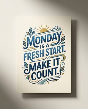 Motivational monday quote poster with decorative lettering and sun