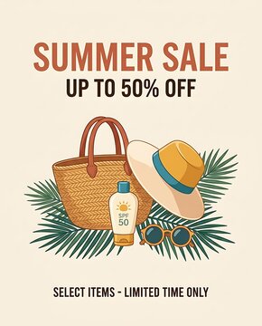Summer sale banner featuring beach accessories and palm leaves