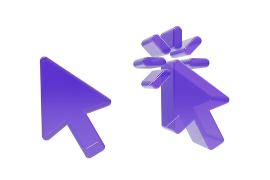 A set of two 3d purple computer mouse cursor arrow one plain and one with a clicking effect, isolated on a black background