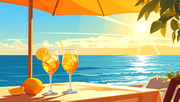 Illustration of sun umbrella table by sea showing warm bright peaceful mood generative AI