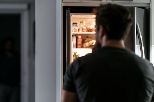 Person looking inside an open refrigerator at home, illustrating food seeking behavior, frequent food thoughts, appetite cues and habitual eating linked to food noise
