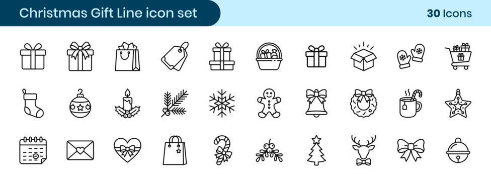 A set of christmas gift line icons featuring presents stockings festive ornaments and holiday themed decorations