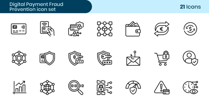 A collection of digital payment fraud prevention icons illustrating security finance technology and online transaction safety measures