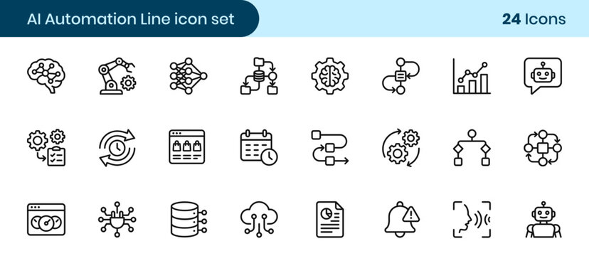 A collection of artificial intelligence automation line icons illustrating robotics data machine learning and modern technology concepts