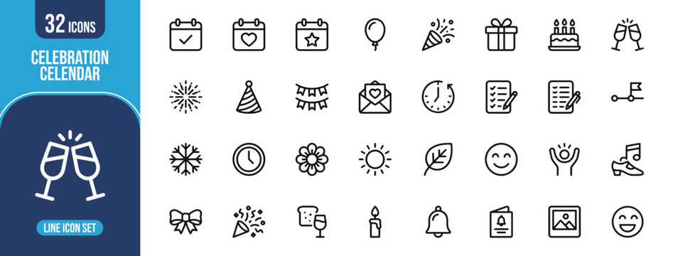 Collection of celebration calendar line icons depicting party supplies festive occasions and various celebratory moments illustrations