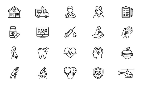A comprehensive set of delicate line icons illustrating various medical services health and overall wellness ideas