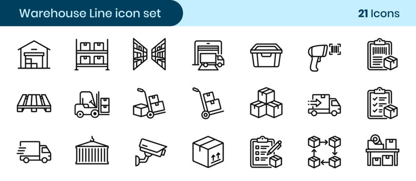 A comprehensive set of warehouse logistics icons illustrating shipping storage inventory and complete management systems for supply chains