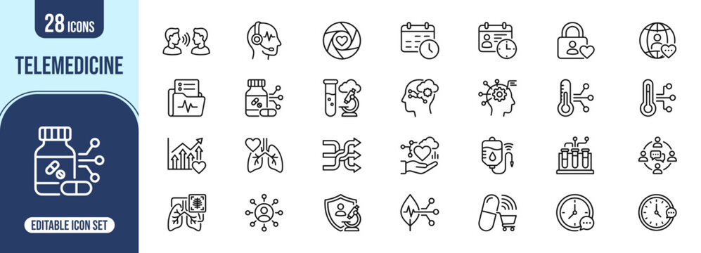Comprehensive telemedicine and healthcare technology icons displaying medical symbols alongside modern digital health and wellness concepts