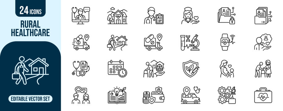 Editable vector set of rural healthcare line icons representing essential medical services for people in remote and underserved communities
