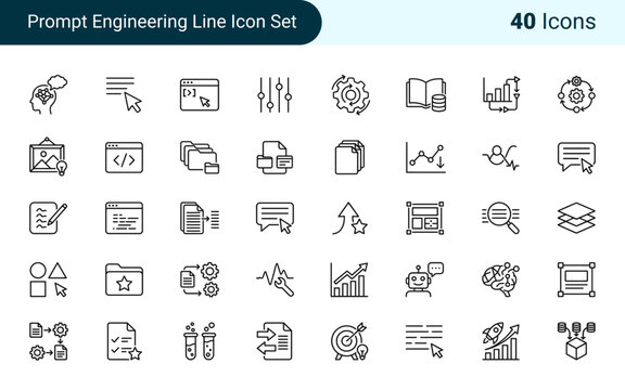 Prompt engineering line icons set illustrating artificial intelligence ideas and modern digital technology components for various projects