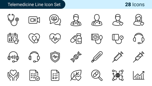 A comprehensive collection of telemedicine and healthcare icons illustrating medical tools doctors and concepts of remote patient care