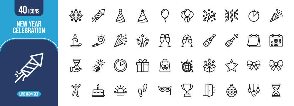 A set of forty linear icons for new year celebrations featuring fireworks party hats champagne and festive decorations