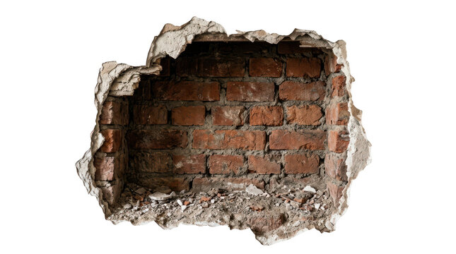 A hole in a plaster wall revealing the underlying red brickwork, showing construction or demolition damage with debris at the bottom isolated on transparent background