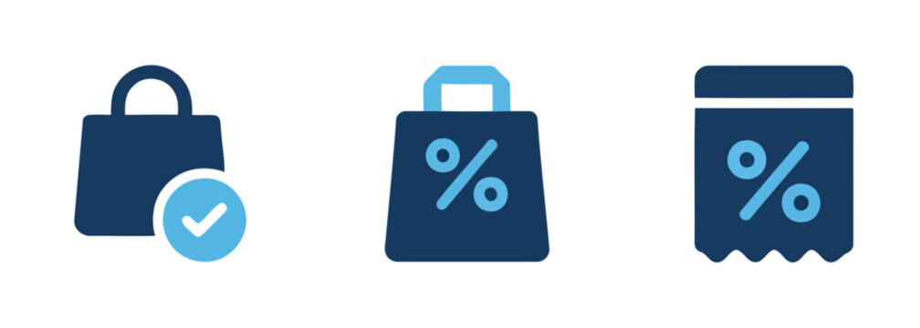 Shopping bag icons illustrate discounts sales offers and the safety of purchasing items online in a contemporary design