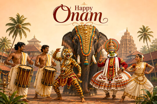 Cultural tiger dance kathakali performers and drummers alongside decorated elephant celebrating happy onam south indian festival in kerala near ancient temple architecture