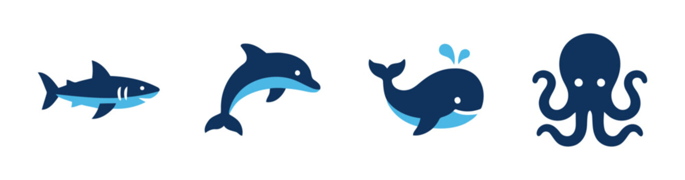 Stylized illustrations of ocean wildlife including a shark a playful dolphin a majestic whale and an octopus in cool blue