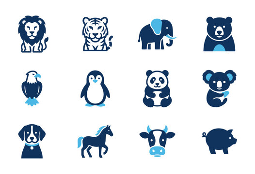 A curated collection of modern stylized blue and white animal icons featuring a lion tiger elephant bear and more