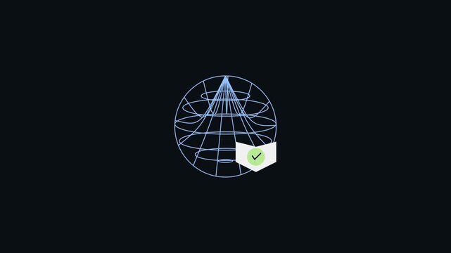 Abstract 3d animation of globe grid rotation and book icon with checkmark for secure data.